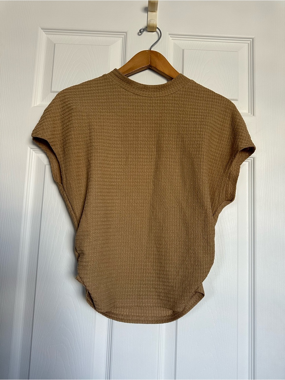 Relaxed Waffle Knit Short Sleeve Top in Camel